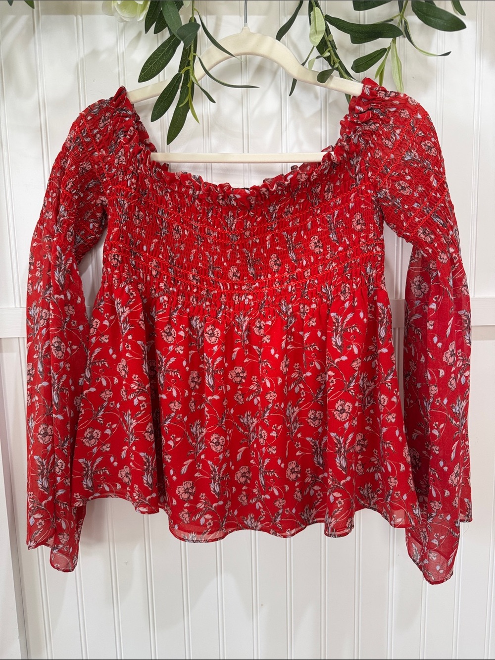 #431 INTERMIX Red Silk Floral Smocked Off-Shoulder Bell Sleeve Blouse BEAUTY! L